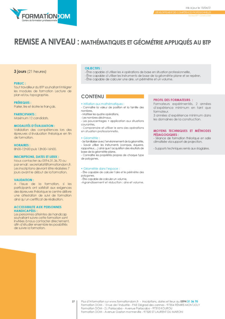 Formationdom Remise à niveau mathématiques appliqués au BTP
